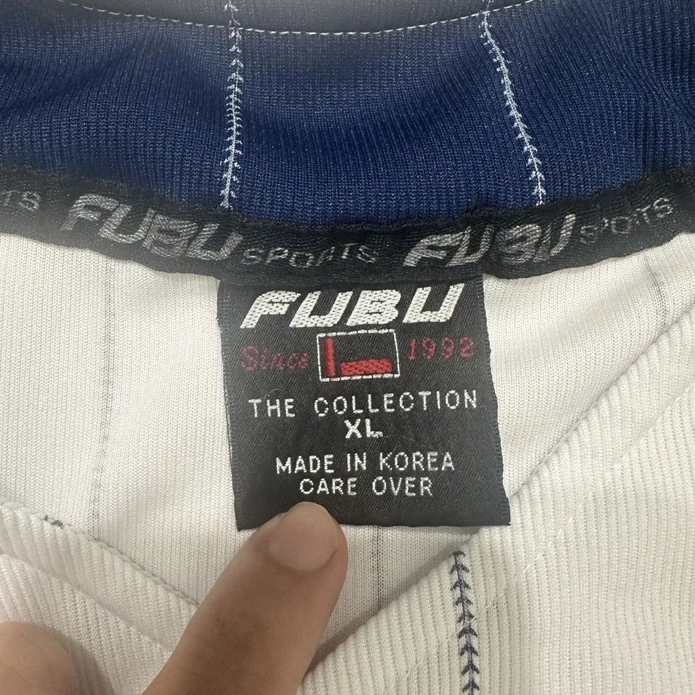 FUBU‎ Baseball Jersey XL White Pinstripe Y2K Button Front Hip Hop 2000s